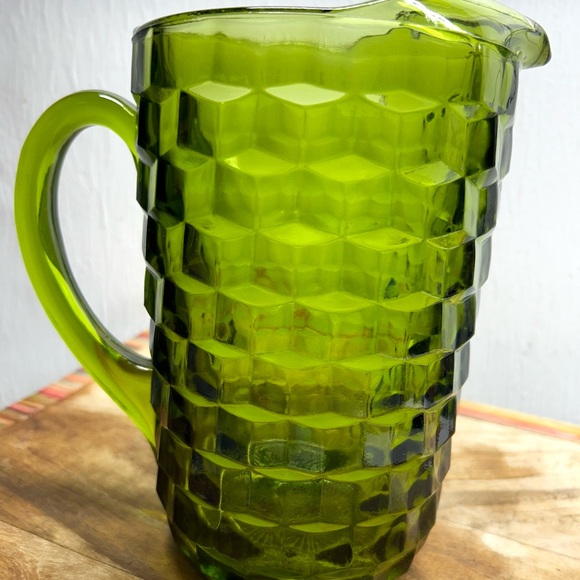 1960s Indiana Whitehall Glass Avocado Green Cubist Pattern Pitcher - Picture 8 of 9